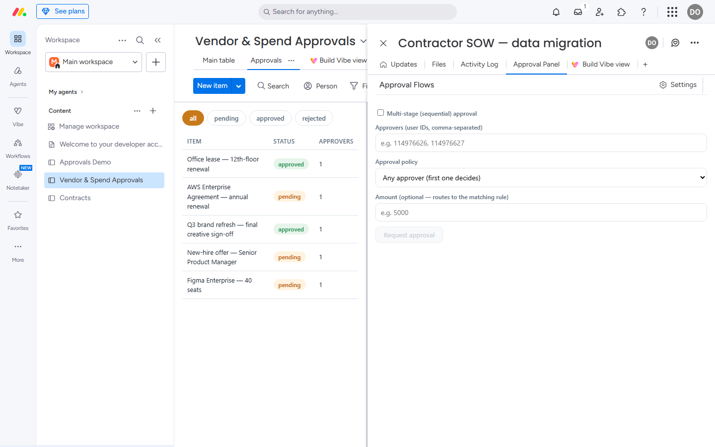 Request approval on any item — pick approvers, an all / any / quorum policy, and route by amount.