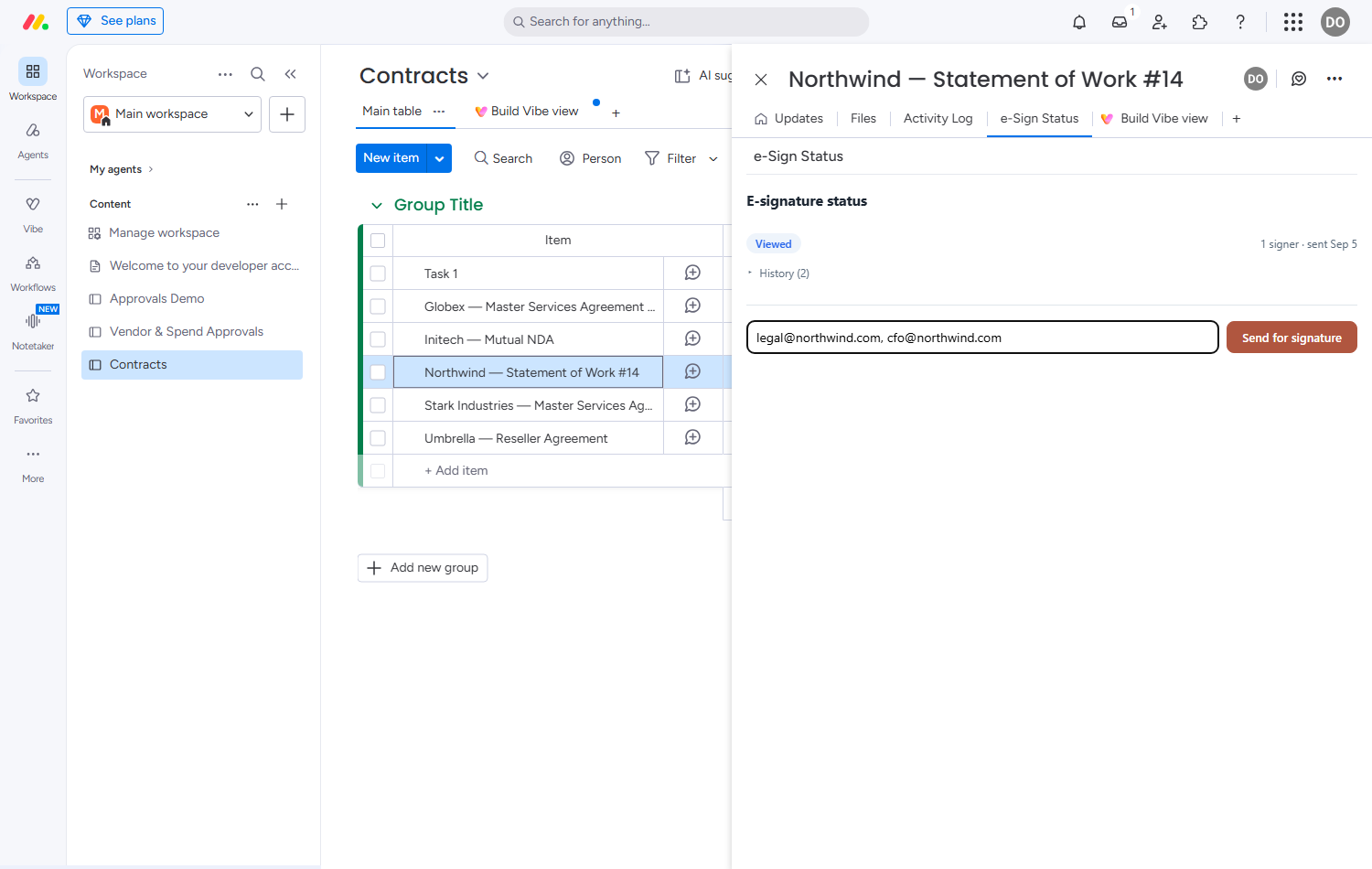 Send an item for e-signature by adding signer emails, without leaving monday.